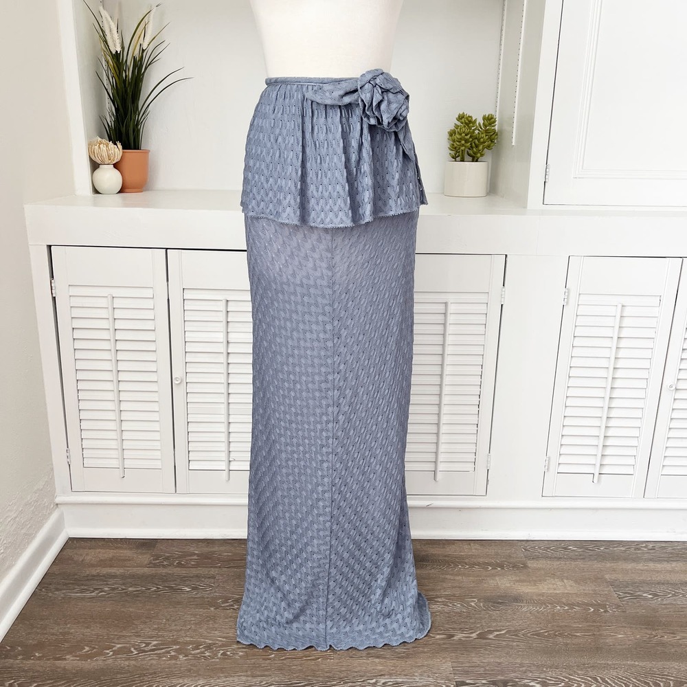 Vintage Missoni Periwinkle Knit Peplum Ruffle Rosette Maxi Skirt Size S